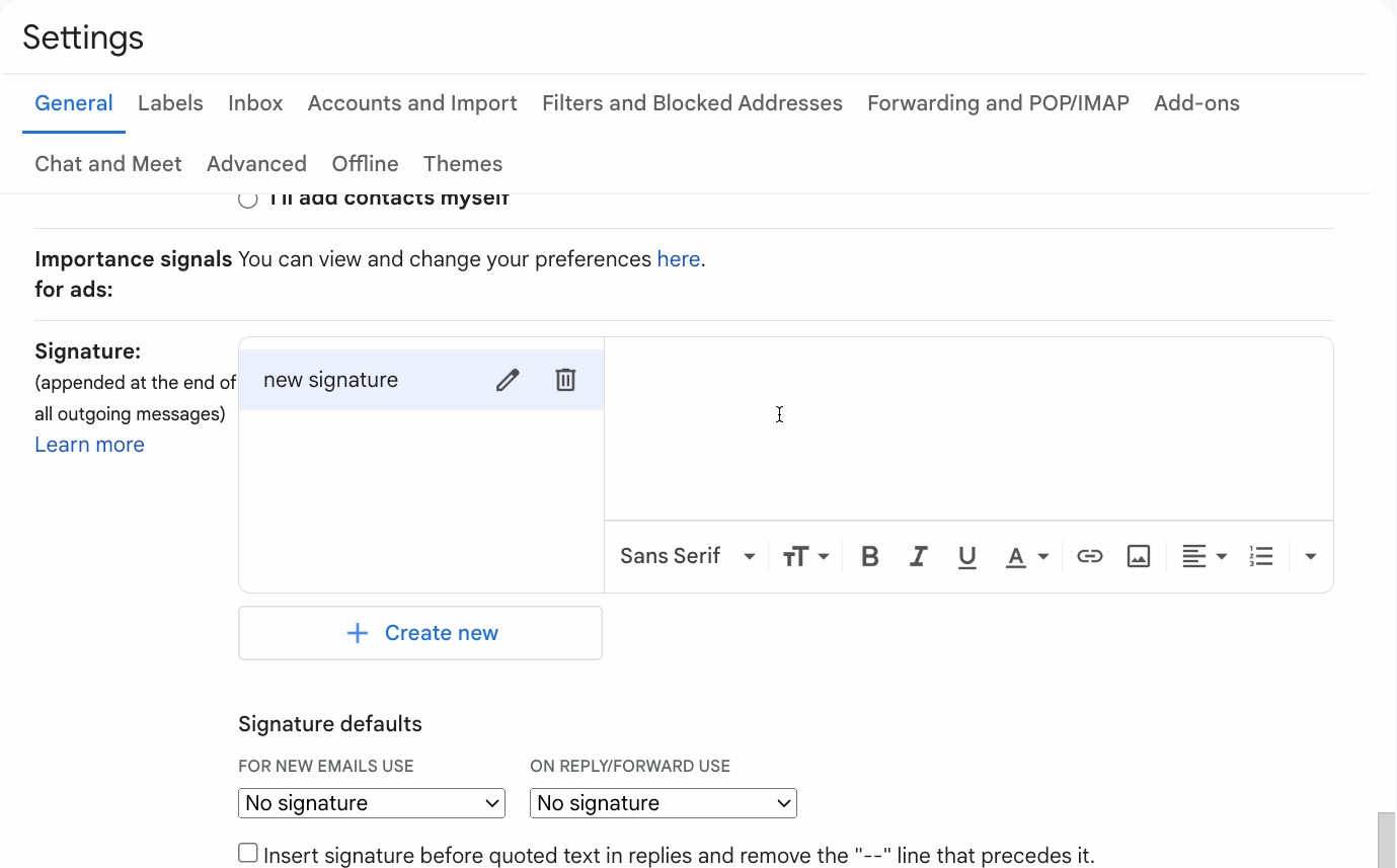 Gmail signature settings