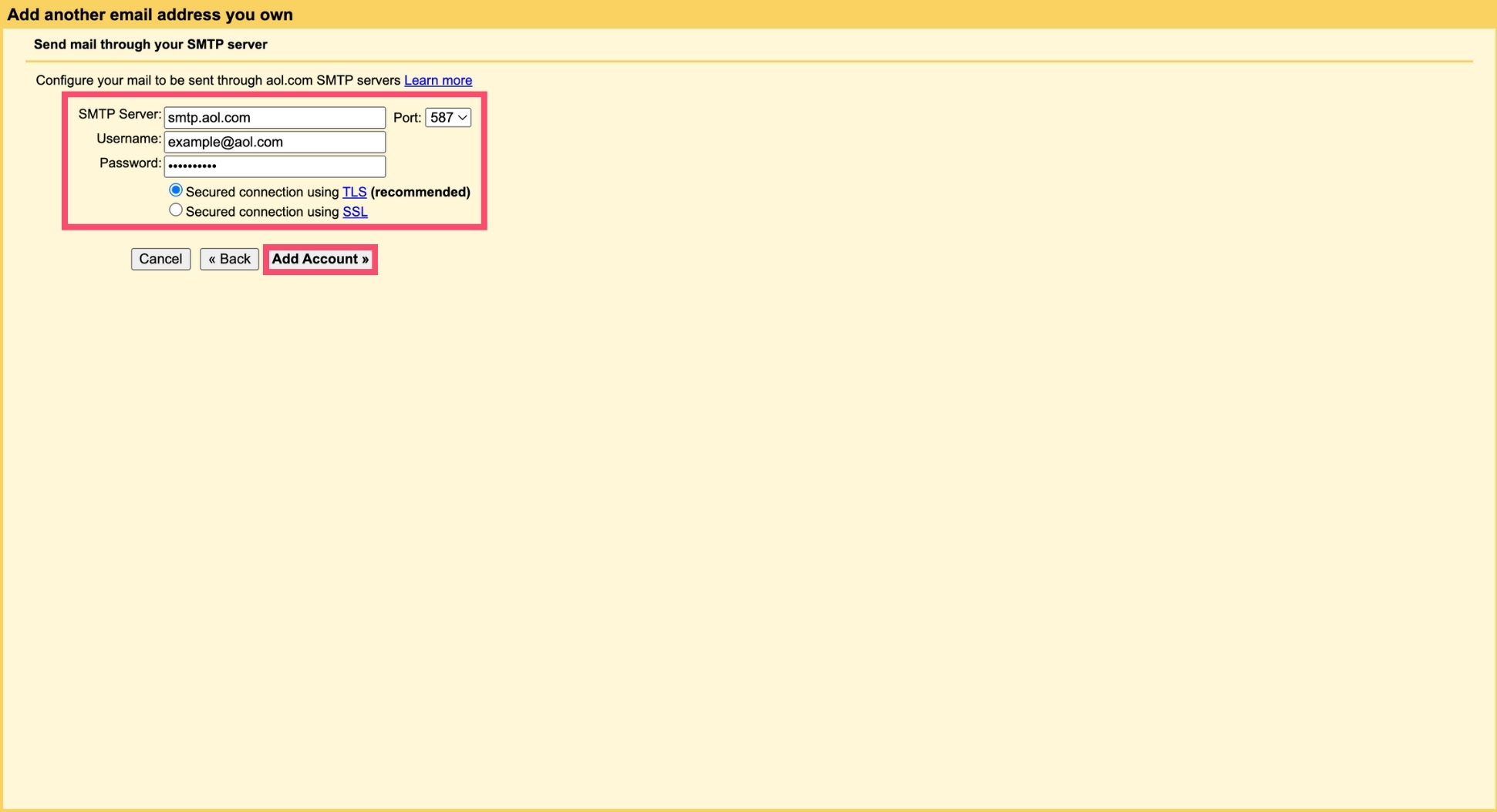 Configure your AOL SMTP settings