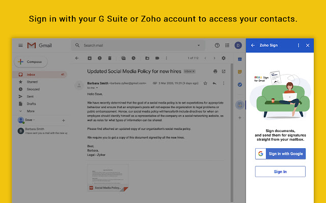 Screenshot of Zoho Sign for Gmail