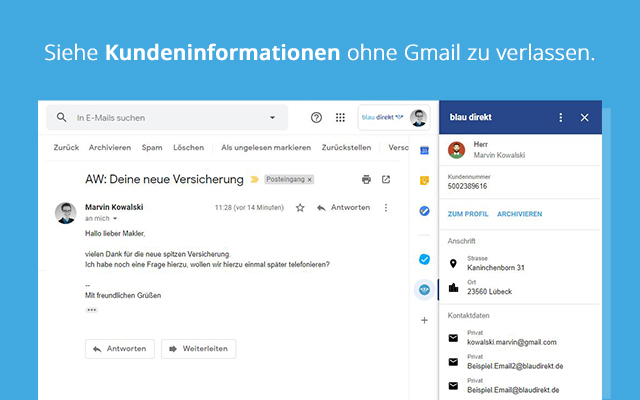 Screenshot of blau direkt for Gmail