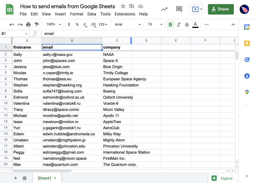 A mailing list imported in Google Sheets