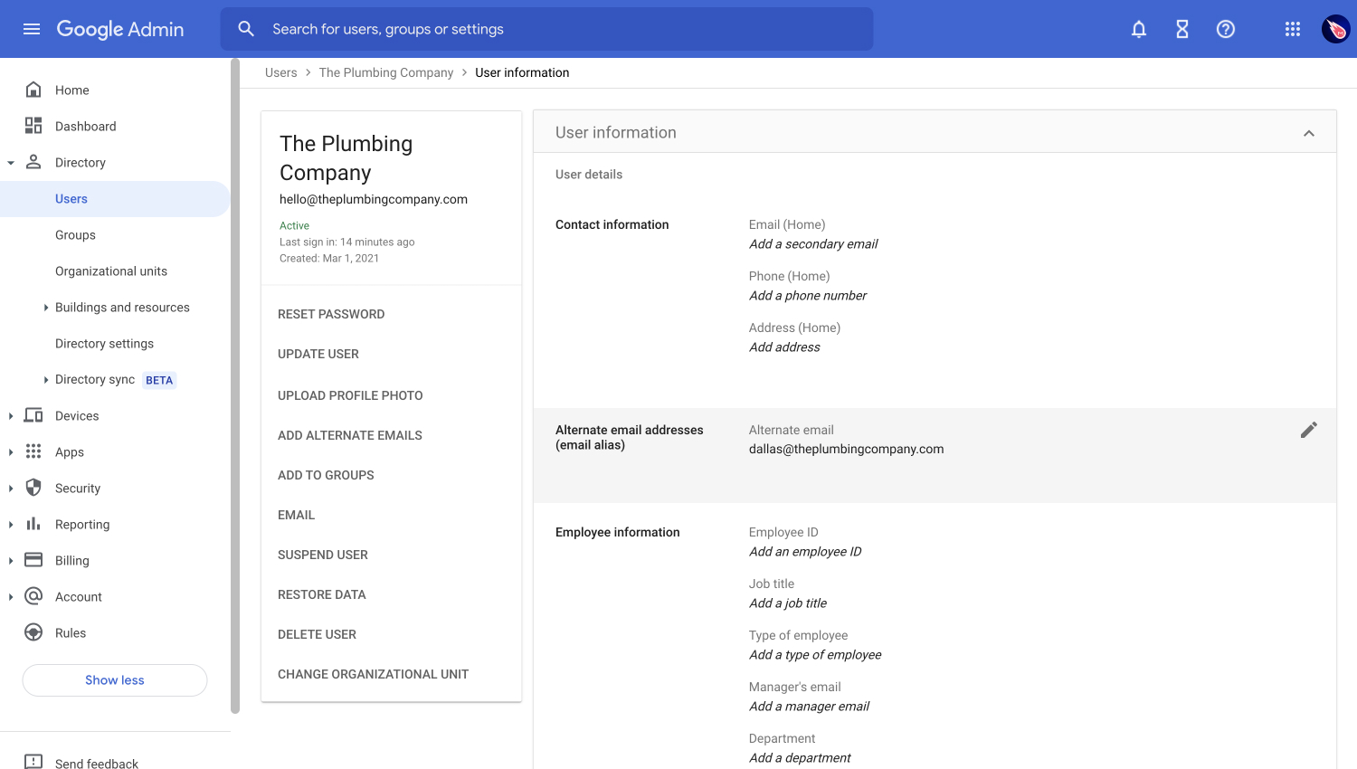 Google Workspace Admin: new user form