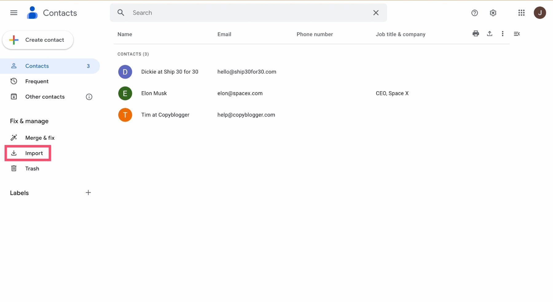 Import contacts into Gmail