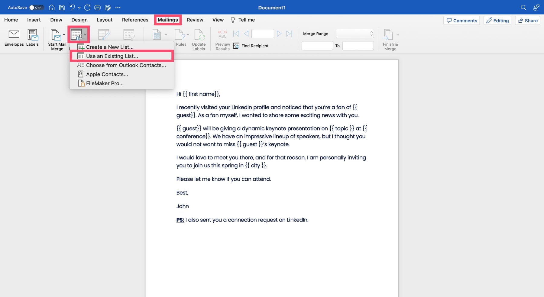 Mail merge from Excel to Word