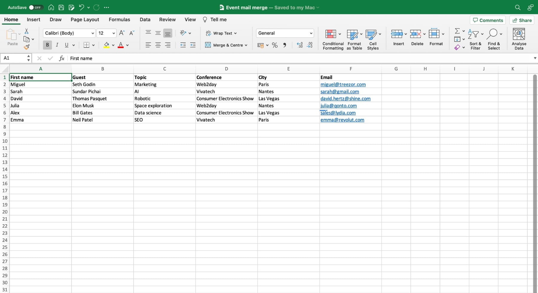 Prepare your mail merge in Excel