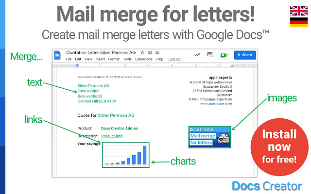 Screenshot of Docs Creator - Mail merge for letters