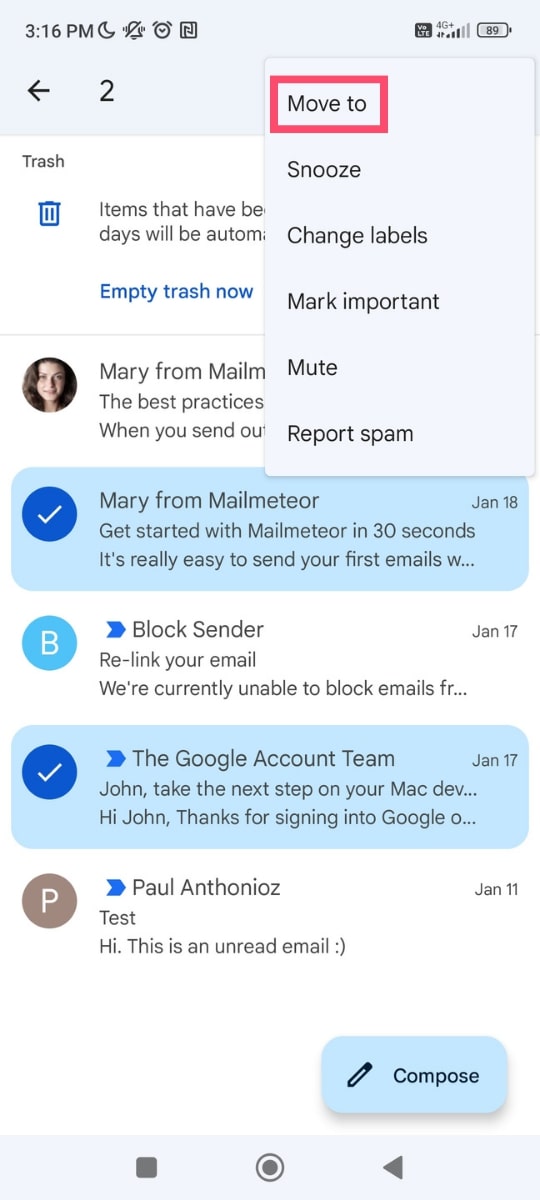 Move emails from your phone