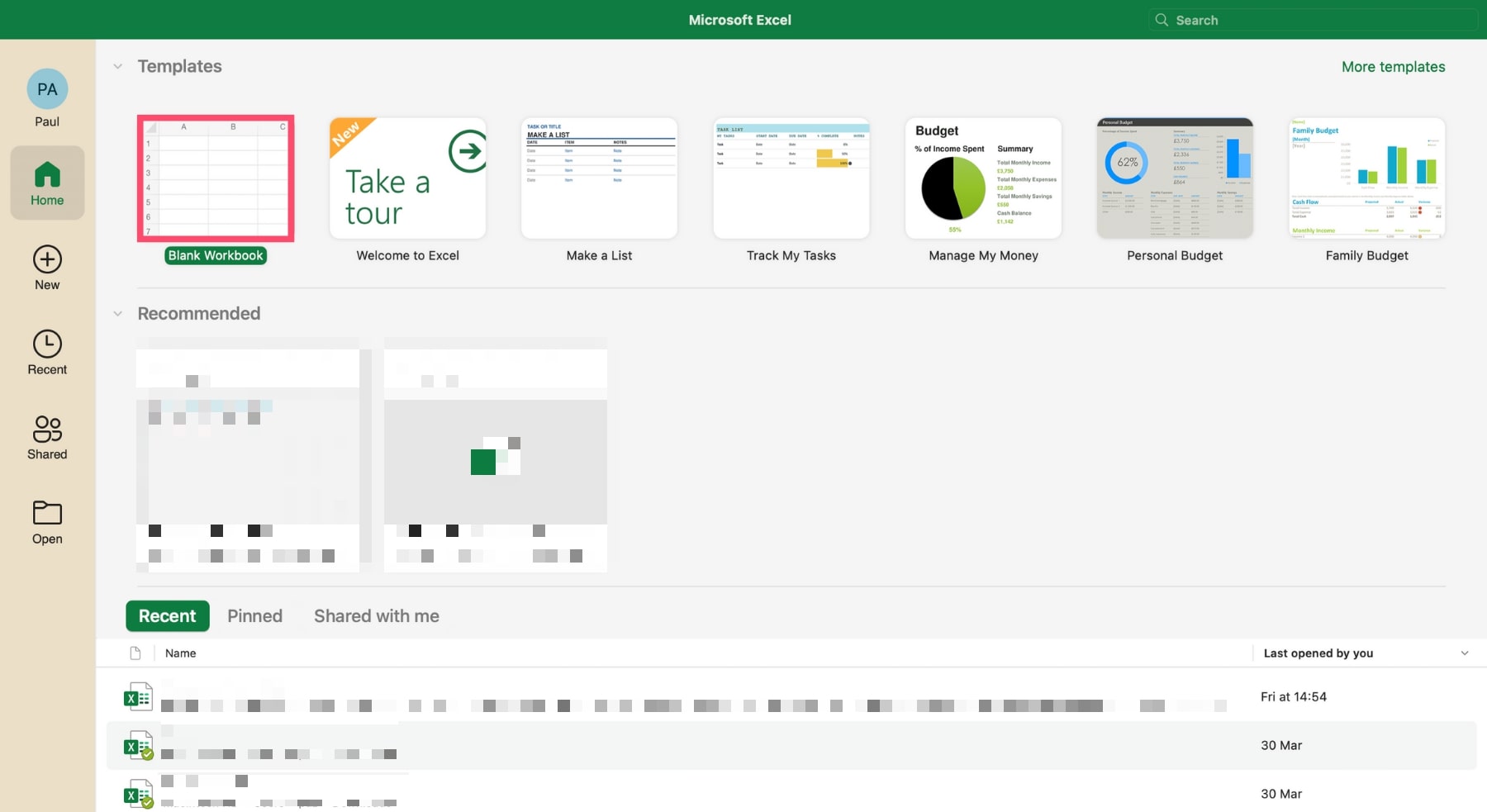 Create a new Excel spreadsheet