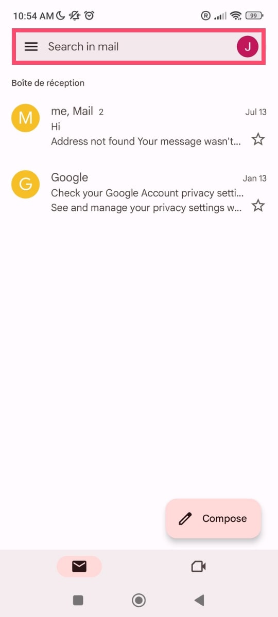 Search bar in the Gmail app