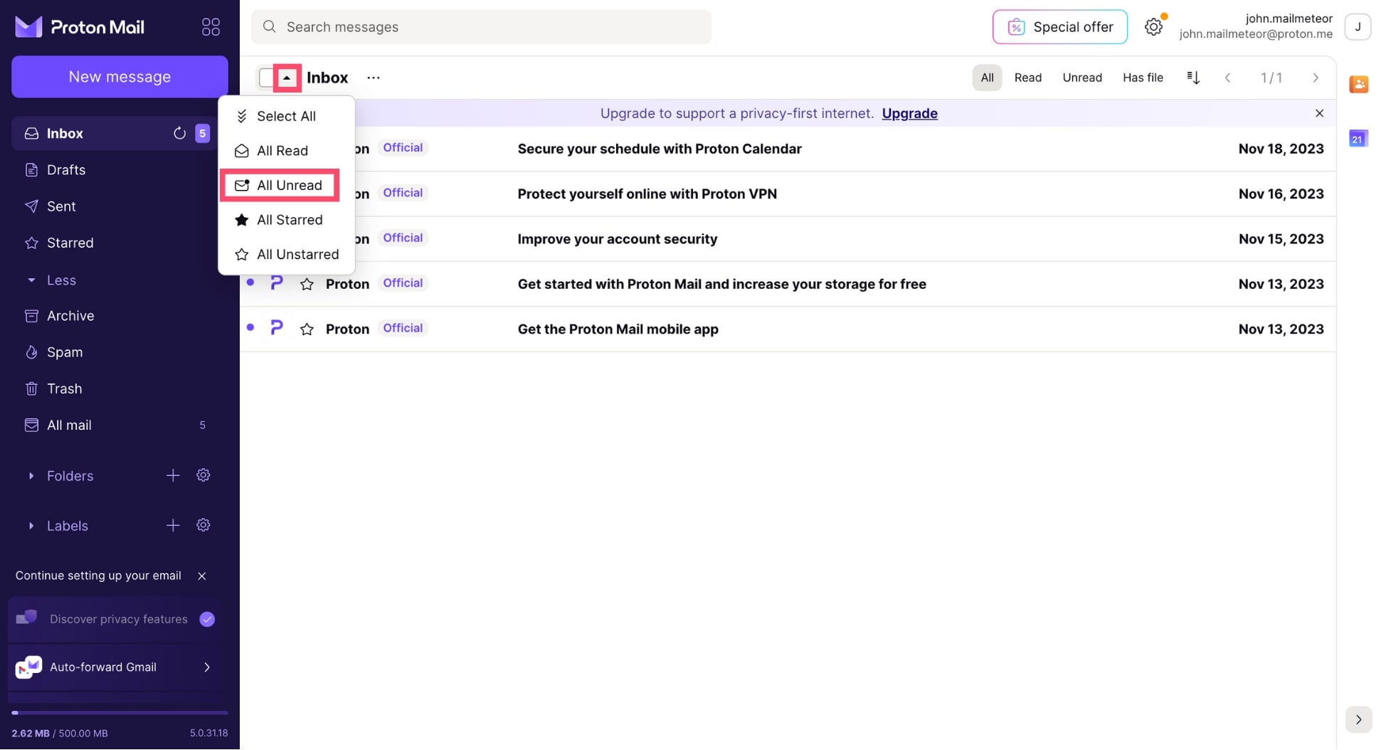 Select all your unopened messages in Proton Mail