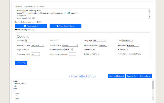 Screenshot of SQL Formatter