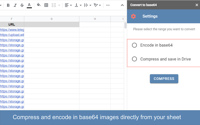 Screenshot of Compress images in Sheets