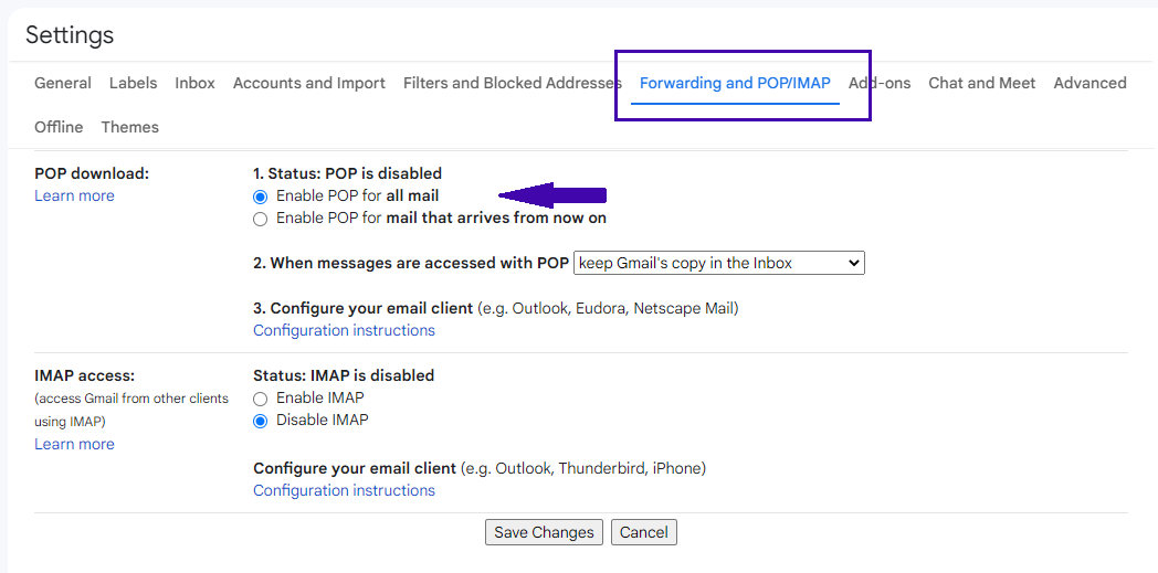 How to enable Gmail POP settings