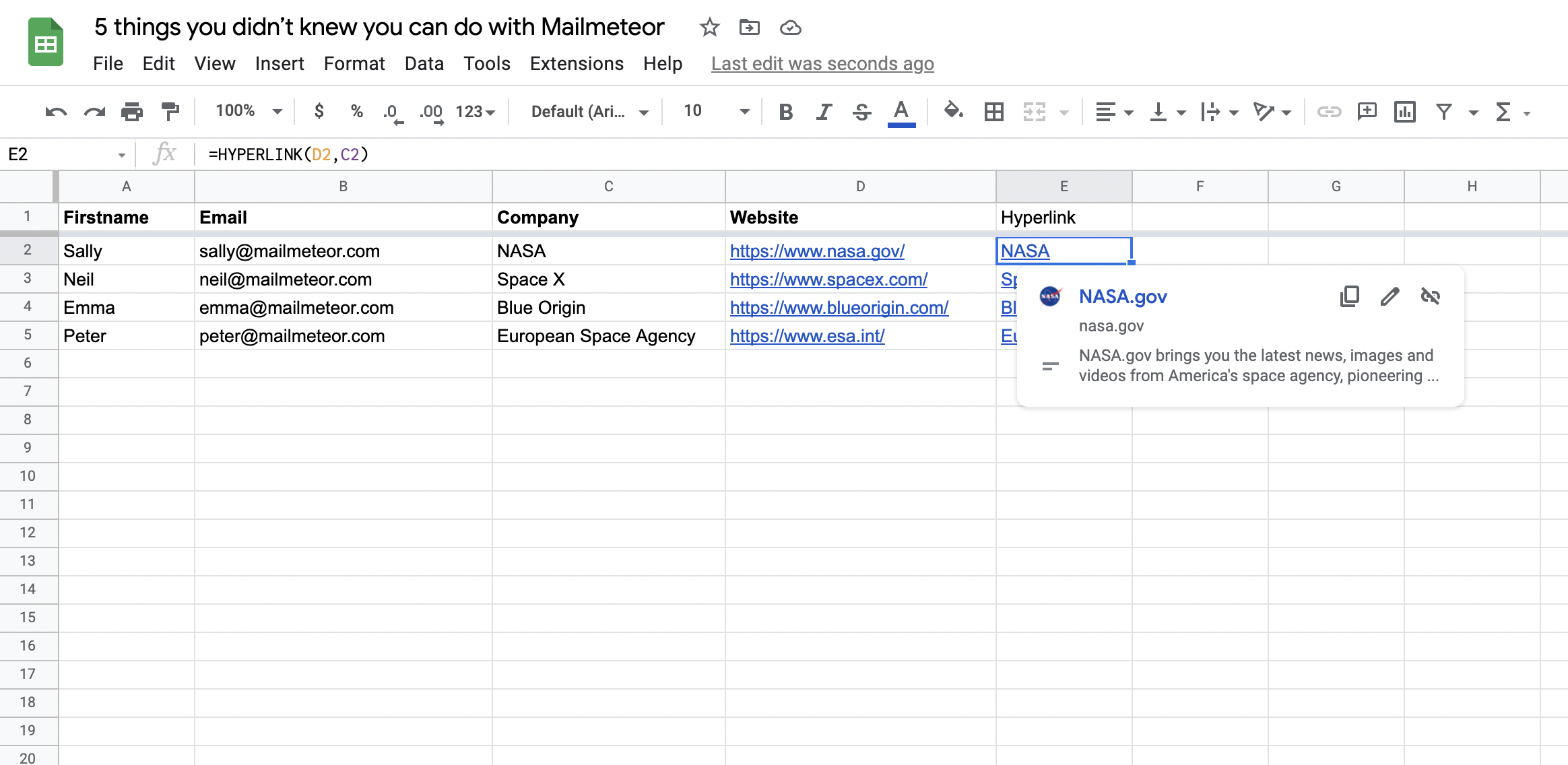 Example of using =HYPERLINK in a Google Sheets spreadsheet