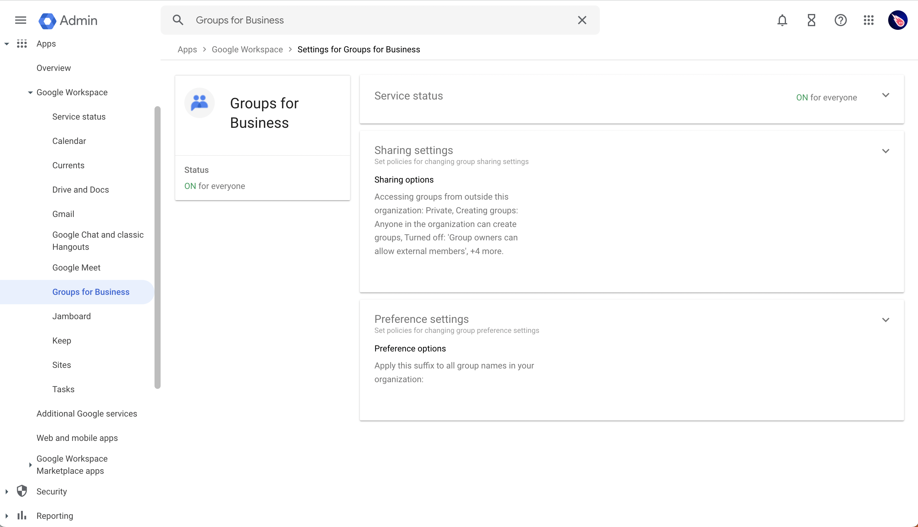 Groups for Business enabled in Google Workspace Admin Console