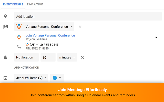 Screenshot of Vonage Conference for Google Calendar