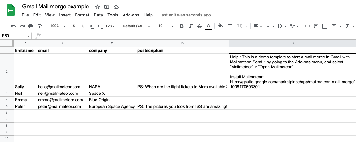 Mail merge spreadsheet example