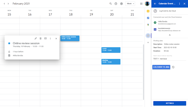 Screenshot of Calendar Event to Jira Worklog