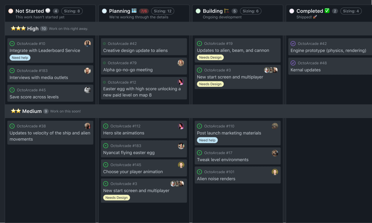 Illustration of a classic kanban board project. Cards are sorted in 4 columns based on their status.'