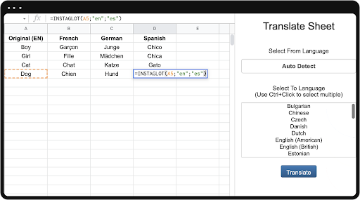 Screenshot of Translate Google Sheets™ with InstaGlot