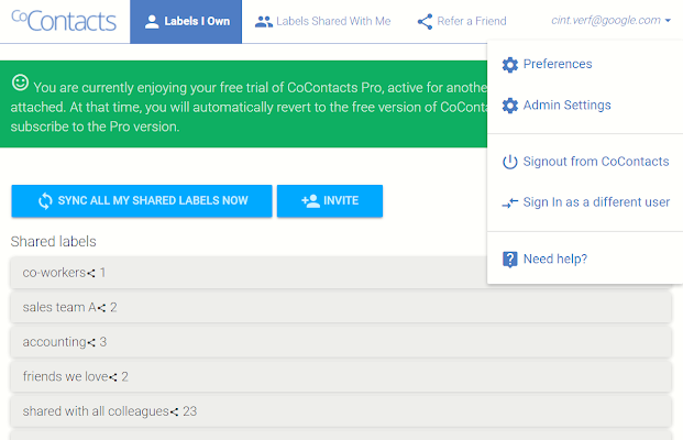 Screenshot of CoContacts - shared Google Contacts