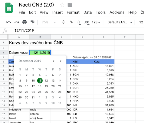 Screenshot of CNB exchange rate