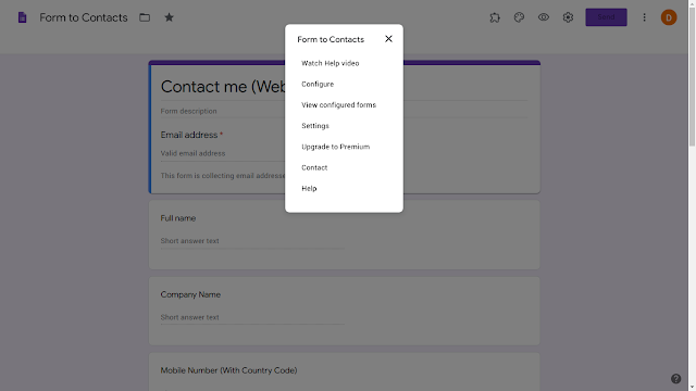 Screenshot of Form to Contacts