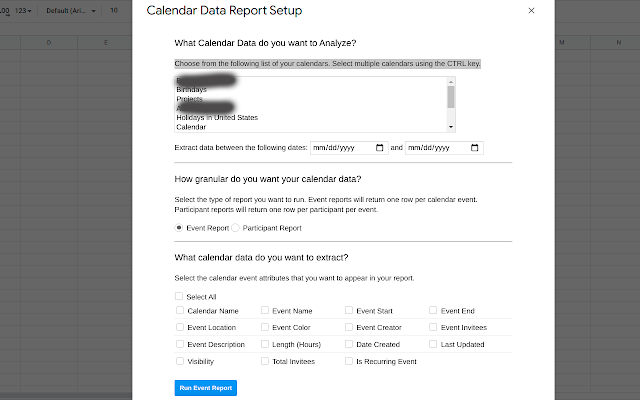 Screenshot of Calendar Data Extractor