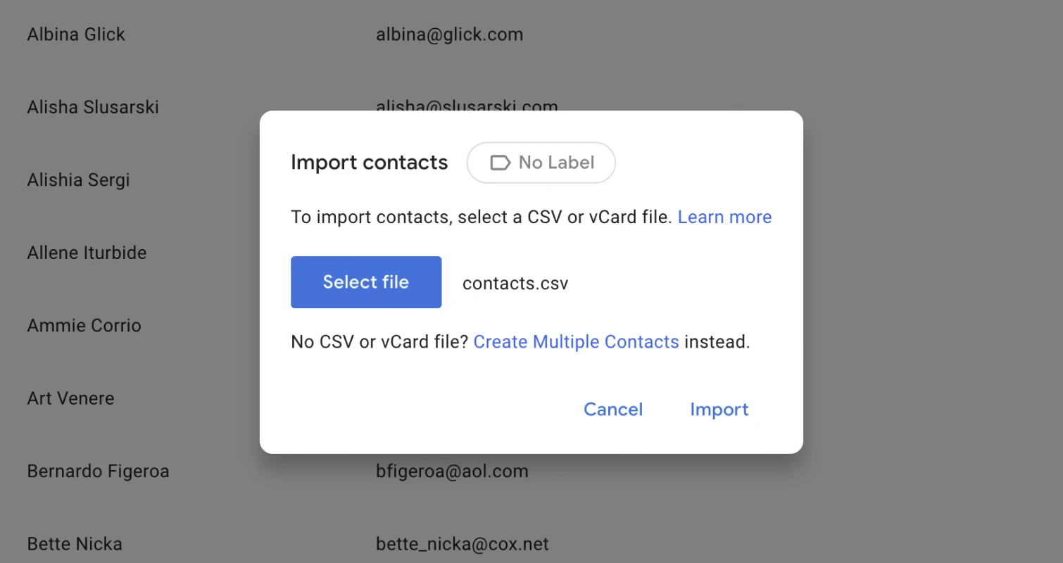 Contacts import in Google Contacts interface