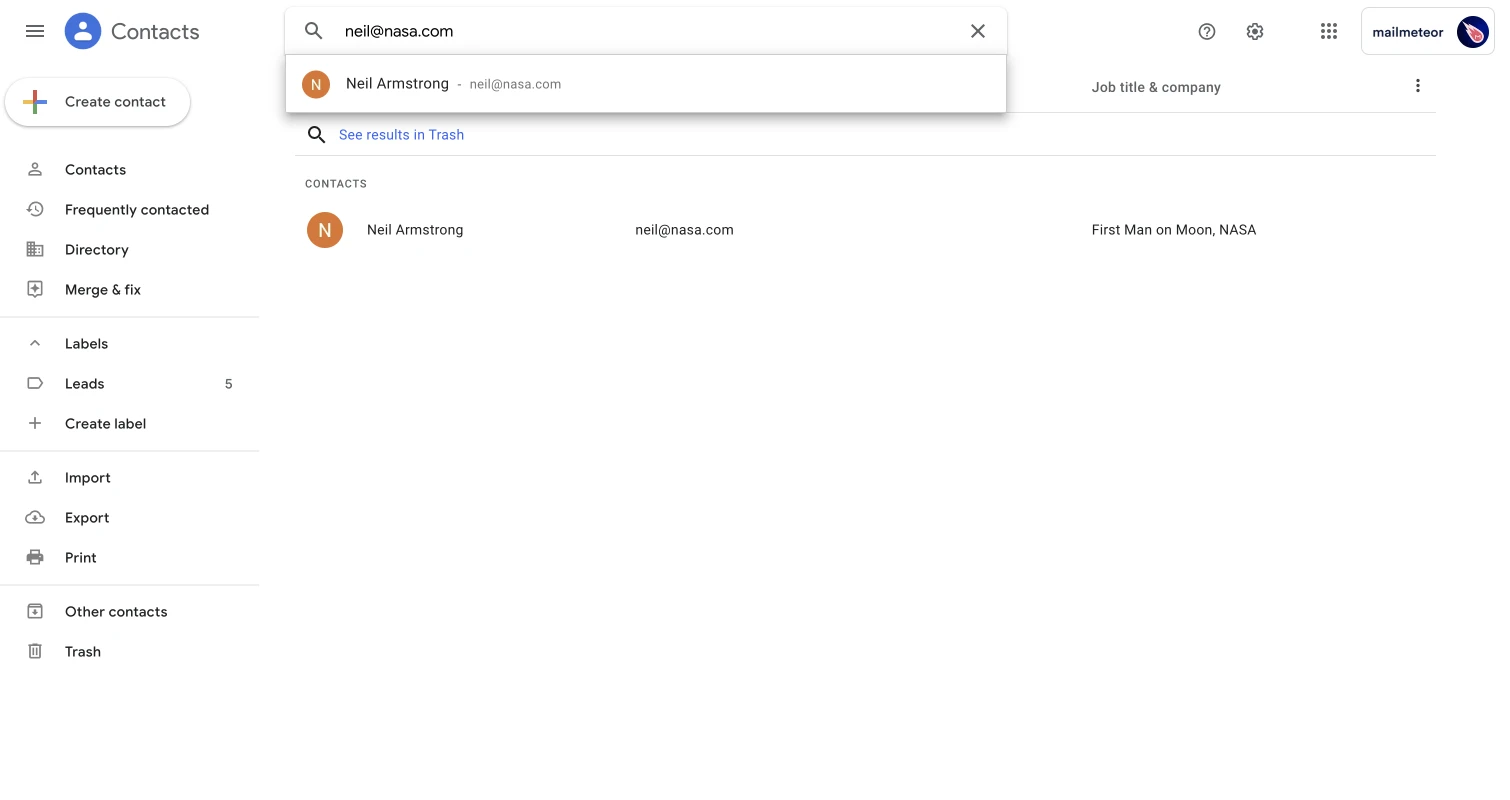 Searching a contact in Google Contacts interface